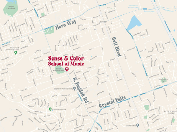 map of Leander, TX showing location of Sense & Color School of Music on Bagdad Rd between Crystal Falls and Hero Way