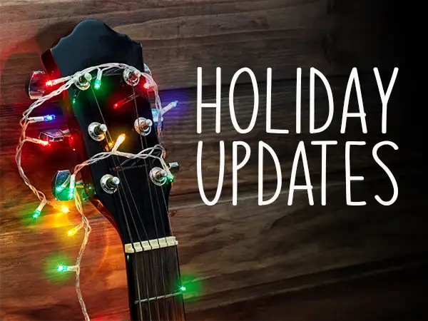 Decorative title image displaying holiday music lesson updates