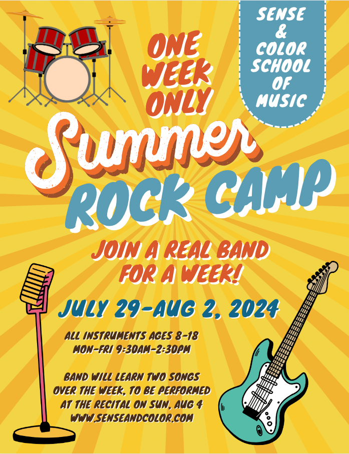 Brightly colored yellow and orange flyer advertising a summer rock band camp at Sense & Color School of Music in Leander, TX.