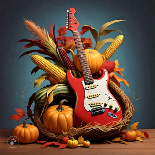 AI image of red guitar in Thanksgiving setting with pumpkins